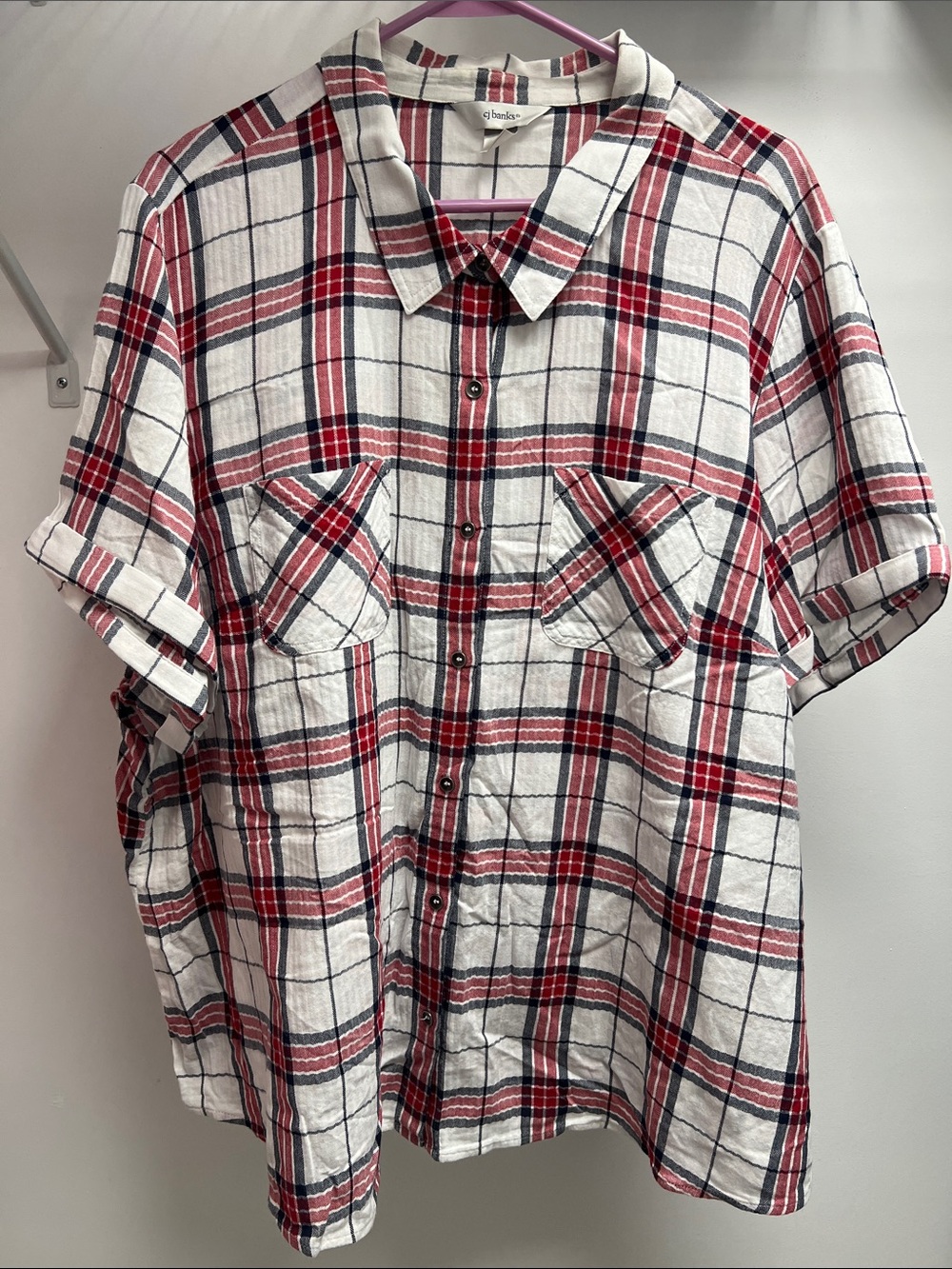 CJ Banks White, Red and Navy Plaid Short-Sleeve Button-Down Shirt